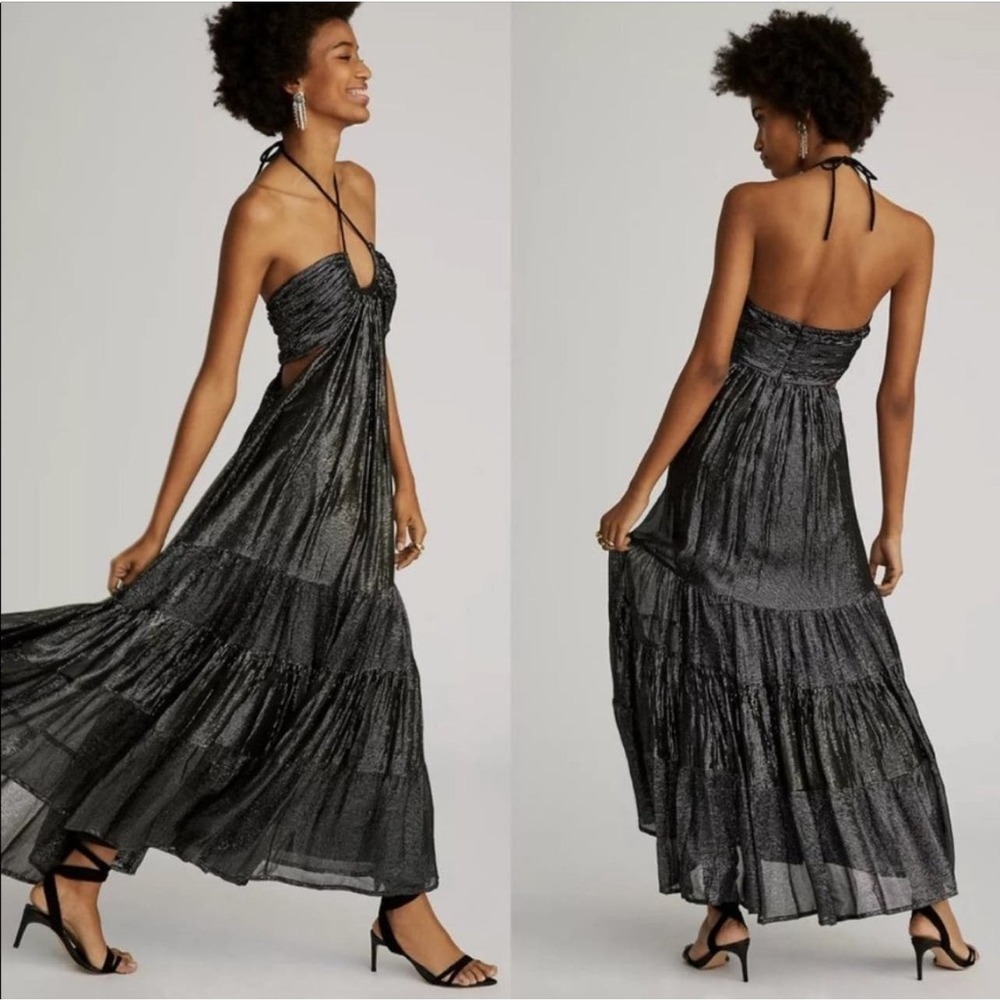 Anthropologie Verb by Pallavi Singhee Cut-Out Midi Dress Black Mettalic Medium